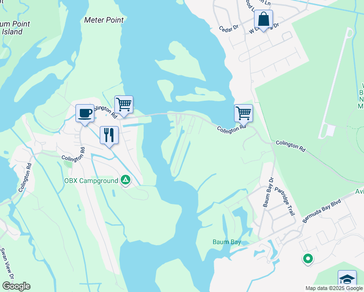 map of restaurants, bars, coffee shops, grocery stores, and more near 1193 Colington Road in Kill Devil Hills