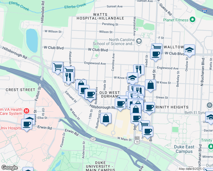map of restaurants, bars, coffee shops, grocery stores, and more near 914 Hale Street in Durham