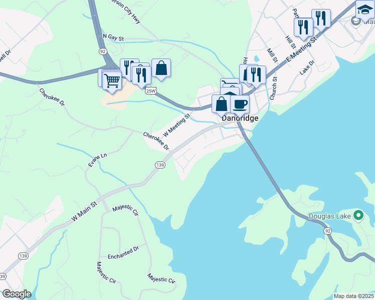 map of restaurants, bars, coffee shops, grocery stores, and more near 267 West Main Street in Dandridge