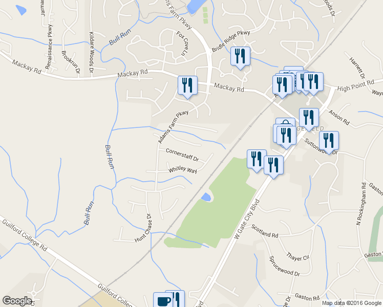 map of restaurants, bars, coffee shops, grocery stores, and more near 5512 Cornerstaff Drive in Greensboro