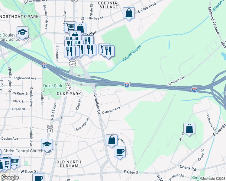 map of restaurants, bars, coffee shops, grocery stores, and more near 601 East Knox Street in Durham