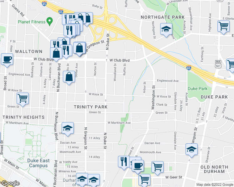 map of restaurants, bars, coffee shops, grocery stores, and more near 812 West Knox Street in Durham