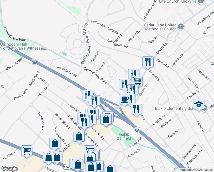 map of restaurants, bars, coffee shops, grocery stores, and more near 101 Charlene Lane in Knoxville