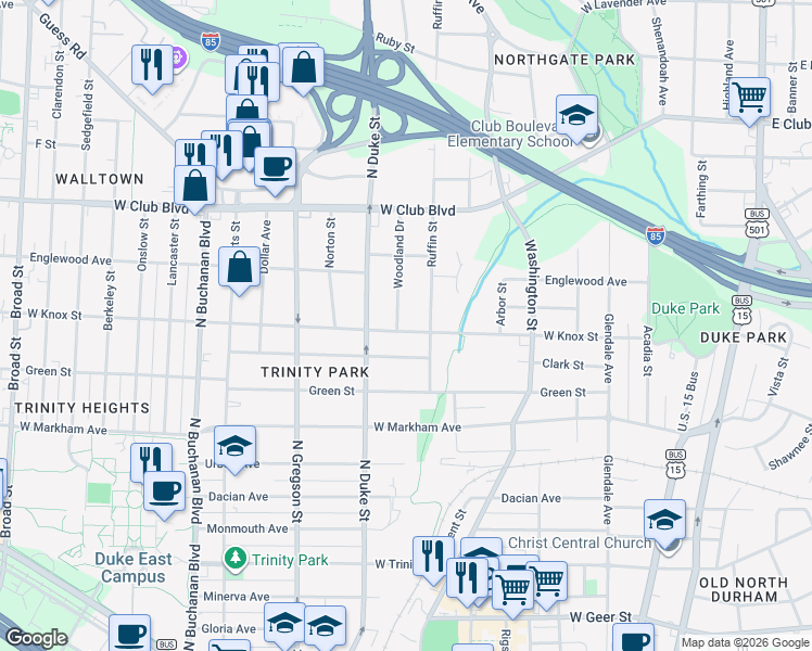 map of restaurants, bars, coffee shops, grocery stores, and more near 1407 Woodland Drive in Durham