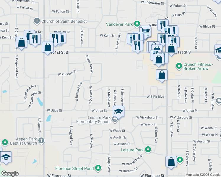 map of restaurants, bars, coffee shops, grocery stores, and more near 1112 West Roanoke Street in Broken Arrow