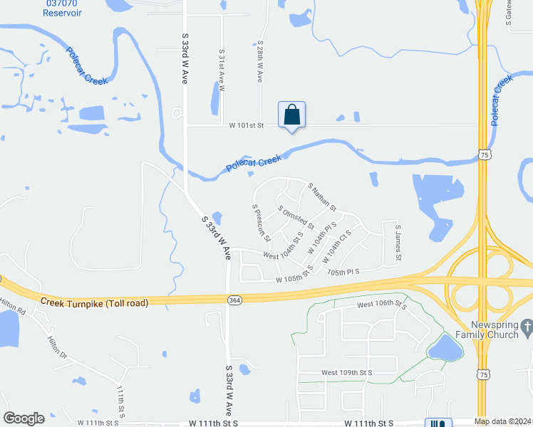 map of restaurants, bars, coffee shops, grocery stores, and more near 4013 West 103rd Place South in Jenks