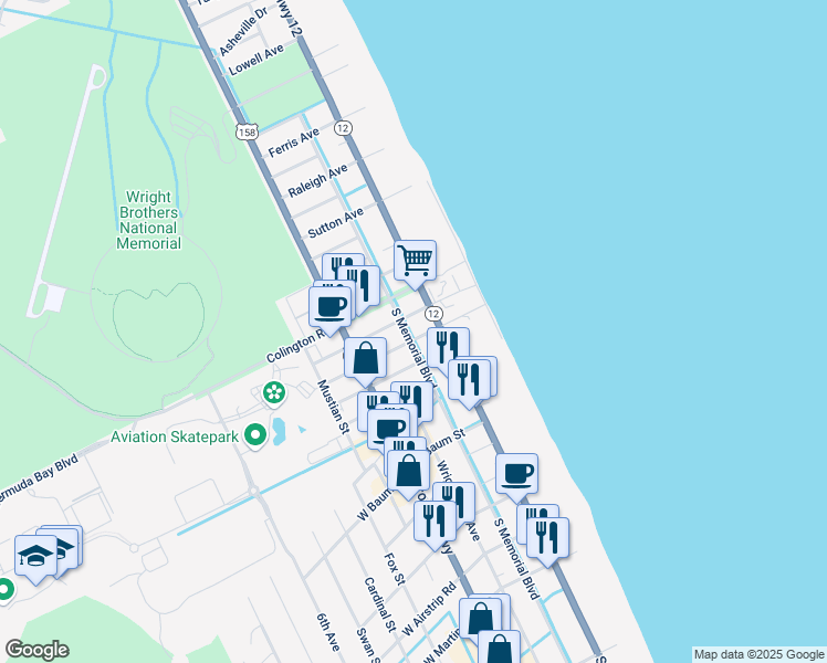 map of restaurants, bars, coffee shops, grocery stores, and more near 118 E Carlton Ave in Kill Devil Hills