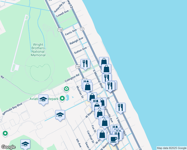 map of restaurants, bars, coffee shops, grocery stores, and more near 118 E Carlton Ave in Kill Devil Hills