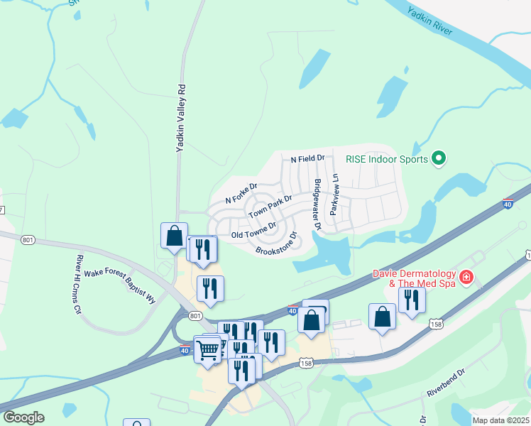 map of restaurants, bars, coffee shops, grocery stores, and more near 184 Town Park Drive in Bermuda Run