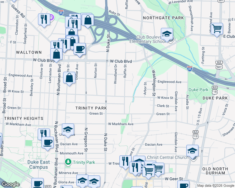 map of restaurants, bars, coffee shops, grocery stores, and more near 1407 Woodland Drive in Durham