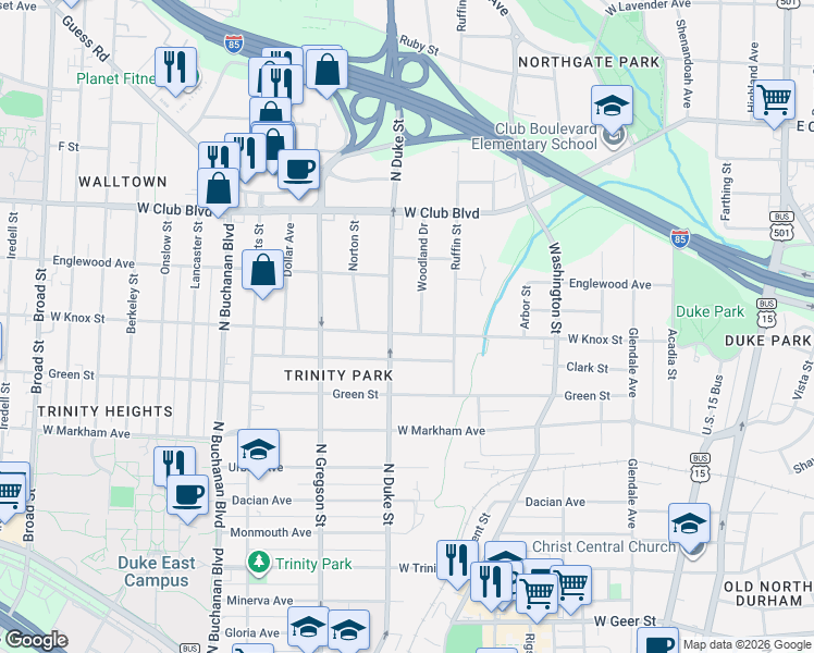 map of restaurants, bars, coffee shops, grocery stores, and more near 1407 Woodland Drive in Durham