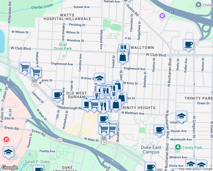 map of restaurants, bars, coffee shops, grocery stores, and more near 923 Iredell Street in Durham