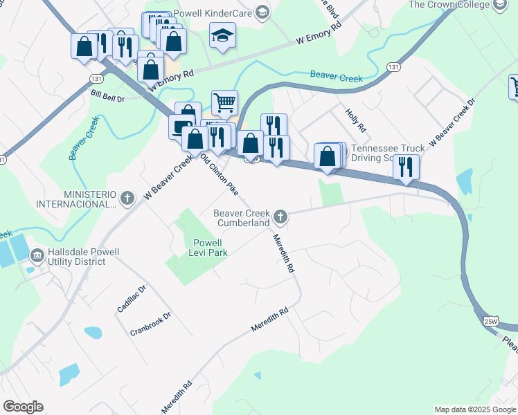 map of restaurants, bars, coffee shops, grocery stores, and more near 7304 Old Clinton Pike in Knoxville