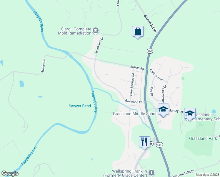 map of restaurants, bars, coffee shops, grocery stores, and more near 1026 Boxwood Drive in Franklin