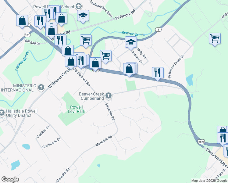 map of restaurants, bars, coffee shops, grocery stores, and more near 7216 Old Clinton Pike in Knoxville