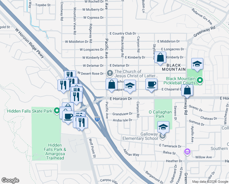 map of restaurants, bars, coffee shops, grocery stores, and more near 141e East Chaparral Drive in Henderson