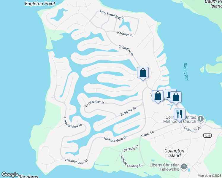 map of restaurants, bars, coffee shops, grocery stores, and more near 340 Eagle Drive in Kill Devil Hills