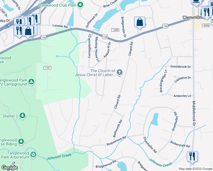 map of restaurants, bars, coffee shops, grocery stores, and more near 4845 Hearthstone Road in Clemmons