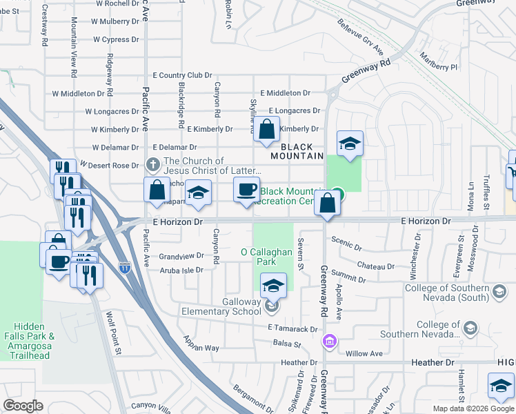 map of restaurants, bars, coffee shops, grocery stores, and more near 301 East Chaparral Drive in Henderson