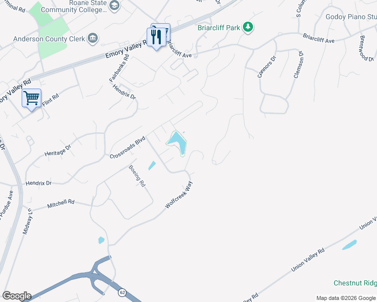 map of restaurants, bars, coffee shops, grocery stores, and more near 107 Creek View Court in Oak Ridge