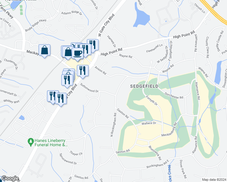 map of restaurants, bars, coffee shops, grocery stores, and more near 3214 North Rockingham Road in Greensboro