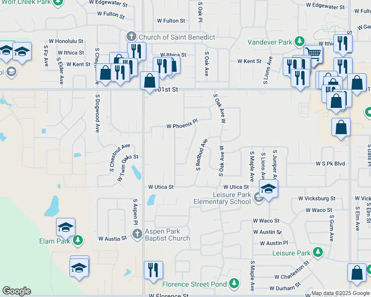 map of restaurants, bars, coffee shops, grocery stores, and more near 2098 West Roanoke Street in Broken Arrow