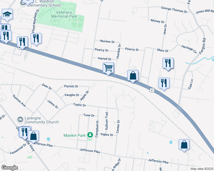 map of restaurants, bars, coffee shops, grocery stores, and more near 127 Neal Boulevard in La Vergne