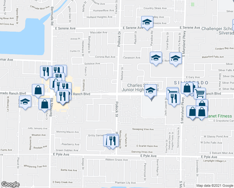map of restaurants, bars, coffee shops, grocery stores, and more near East Silverado Ranch Boulevard in Las Vegas