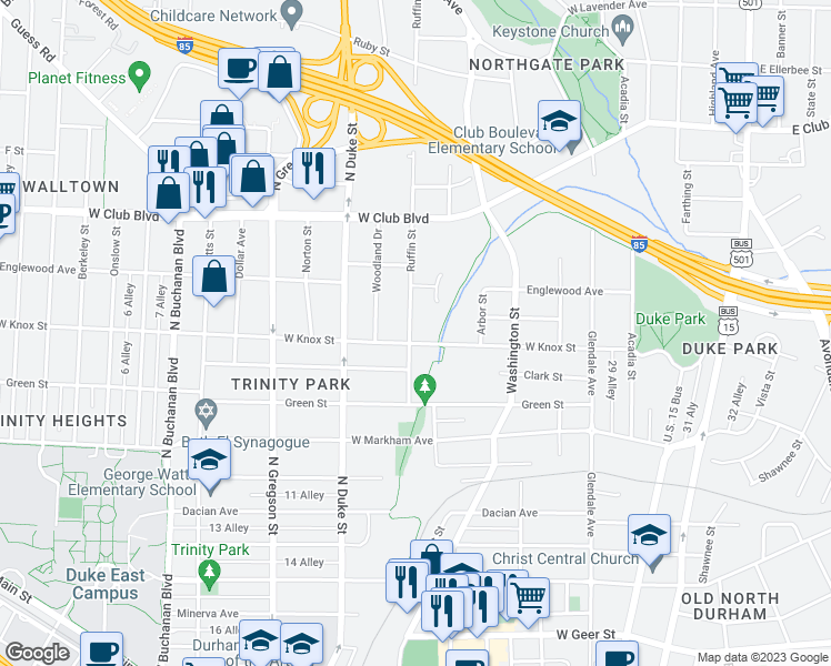 map of restaurants, bars, coffee shops, grocery stores, and more near 1402 Ruffin Street in Durham