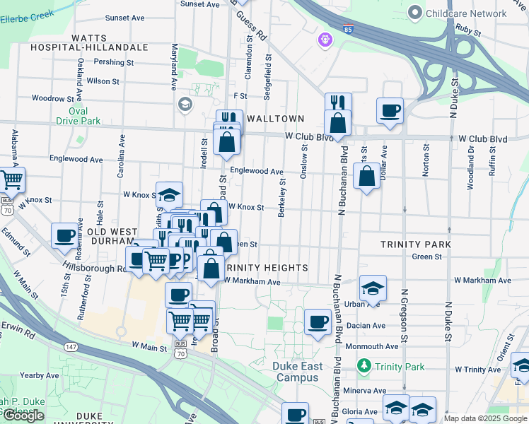 map of restaurants, bars, coffee shops, grocery stores, and more near 1509 West Knox Street in Durham