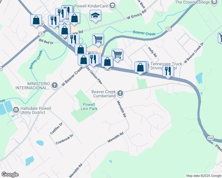 map of restaurants, bars, coffee shops, grocery stores, and more near 7304 Old Clinton Pike in Knoxville