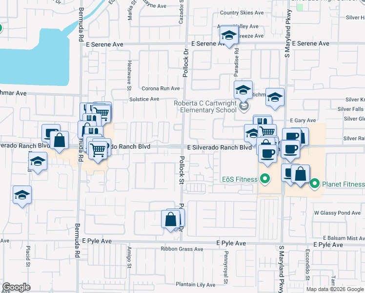 map of restaurants, bars, coffee shops, grocery stores, and more near E Silverado Ranch Blvd & Pollock Dr in Paradise