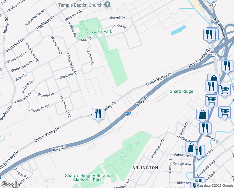 map of restaurants, bars, coffee shops, grocery stores, and more near 4710 Ridge Grove Road in Knoxville