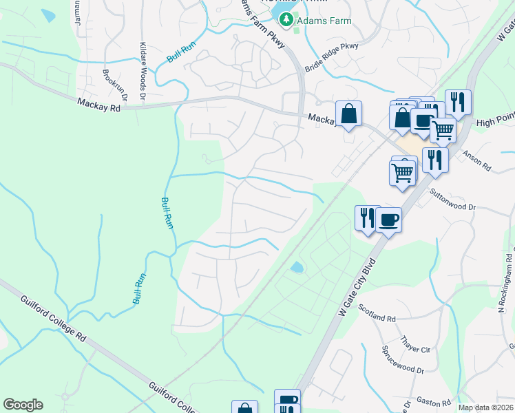 map of restaurants, bars, coffee shops, grocery stores, and more near 5524 Cornerstaff Drive in Greensboro