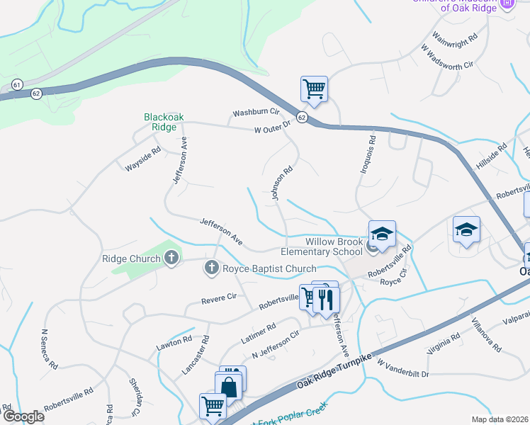 map of restaurants, bars, coffee shops, grocery stores, and more near 109 Jasper Ln in Oak Ridge