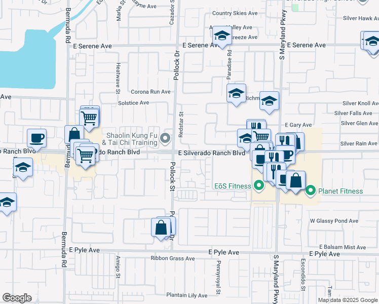 map of restaurants, bars, coffee shops, grocery stores, and more near East Silverado Ranch Boulevard in Clark County