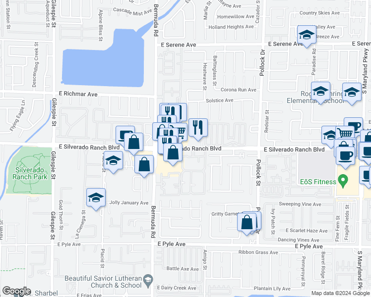 map of restaurants, bars, coffee shops, grocery stores, and more near 542 East Silverado Ranch Boulevard in Las Vegas
