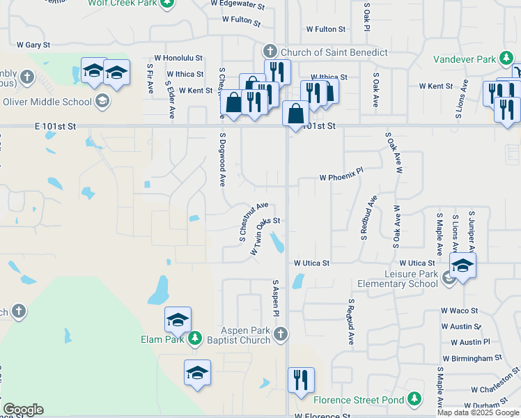 map of restaurants, bars, coffee shops, grocery stores, and more near 4013 South Chestnut Avenue in Broken Arrow