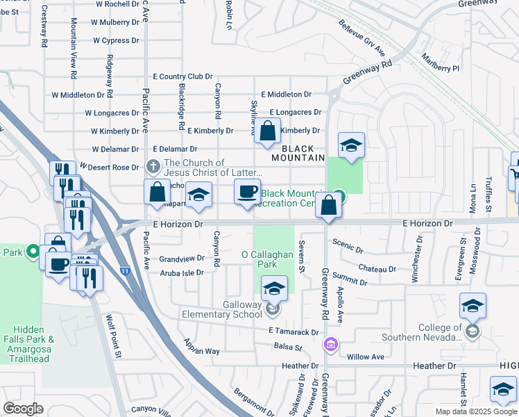 map of restaurants, bars, coffee shops, grocery stores, and more near 301 East Chaparral Drive in Henderson