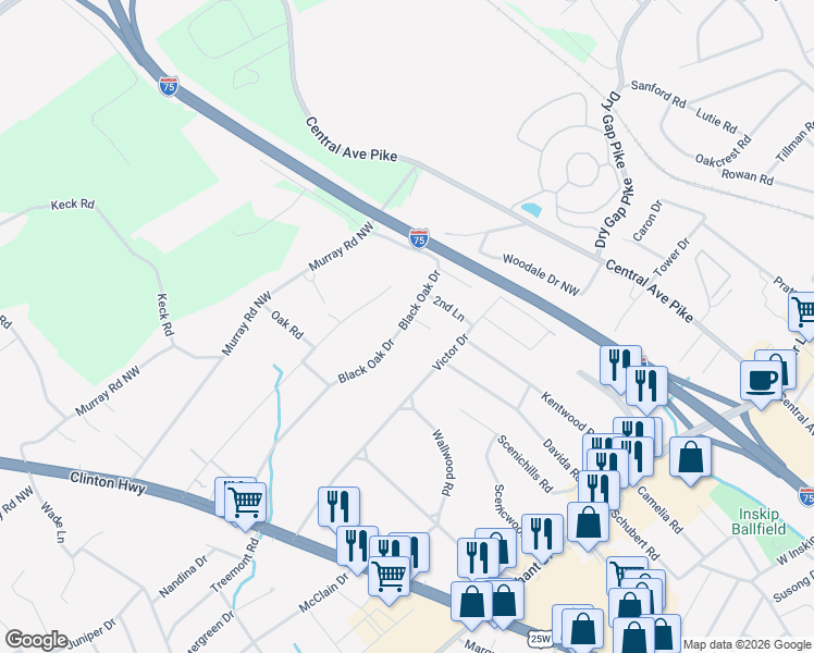 map of restaurants, bars, coffee shops, grocery stores, and more near 405 Black Oak Drive in Knoxville