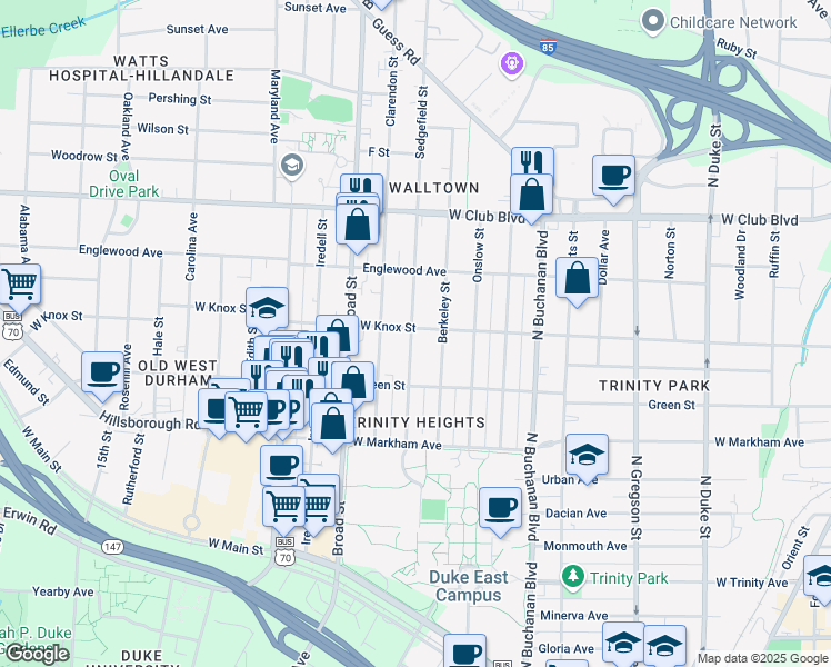 map of restaurants, bars, coffee shops, grocery stores, and more near 1509 West Knox Street in Durham