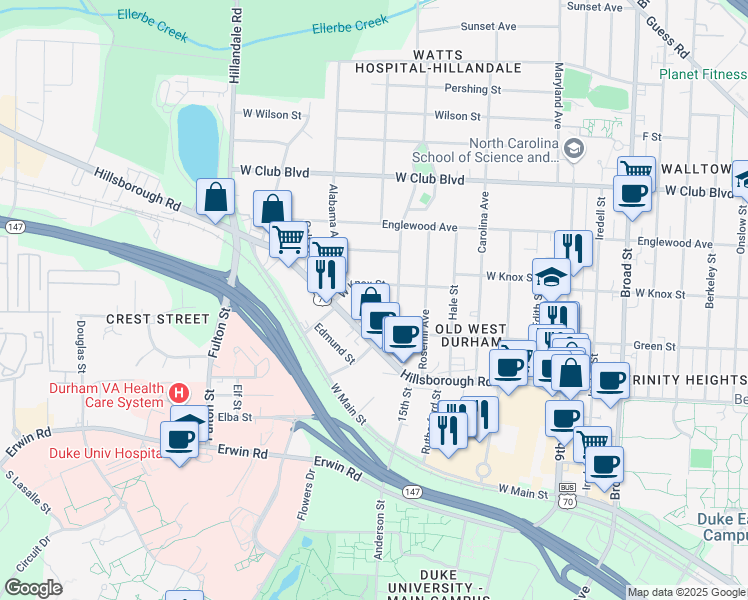 map of restaurants, bars, coffee shops, grocery stores, and more near 916 Alabama Avenue in Durham