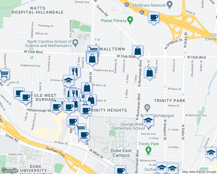 map of restaurants, bars, coffee shops, grocery stores, and more near 1507 West Knox Street in Durham