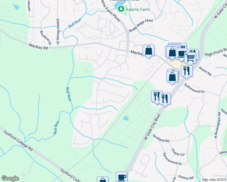 map of restaurants, bars, coffee shops, grocery stores, and more near 5511 Westerborne Drive in Greensboro