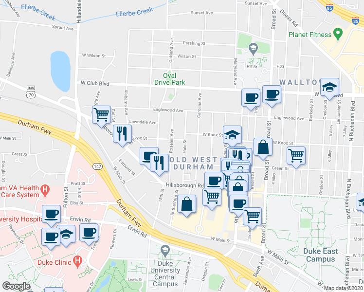 map of restaurants, bars, coffee shops, grocery stores, and more near 917 Hale Street in Durham