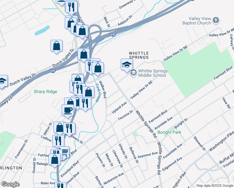 map of restaurants, bars, coffee shops, grocery stores, and more near 2516 Montclair Avenue in Knoxville