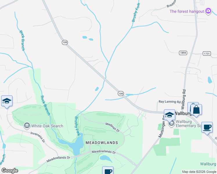 map of restaurants, bars, coffee shops, grocery stores, and more near 9309 North Carolina 109 in Winston-Salem