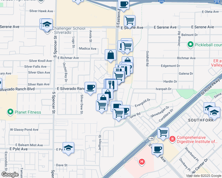 map of restaurants, bars, coffee shops, grocery stores, and more near 241 South Eastern Avenue in Las Vegas
