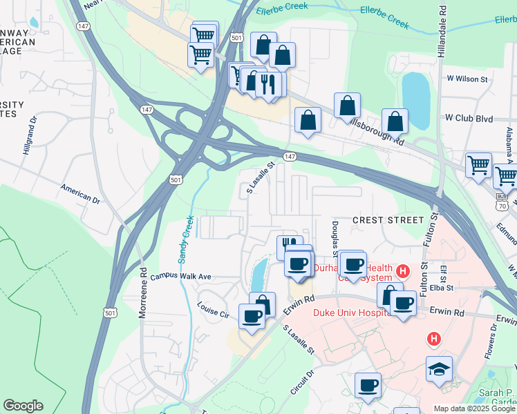 map of restaurants, bars, coffee shops, grocery stores, and more near 411 South Lasalle Street in Durham