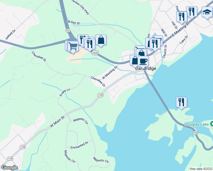 map of restaurants, bars, coffee shops, grocery stores, and more near 706 Cherokee Drive in Dandridge
